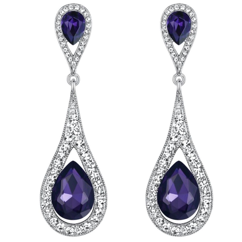 Silver with Purple Amethyst and Diamond Austrian Crystal Dual Teardrop Earrings